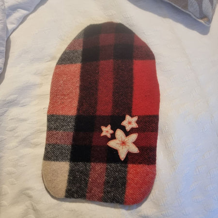 Upcycled hot water bottle cover - white flowers on red & black background
