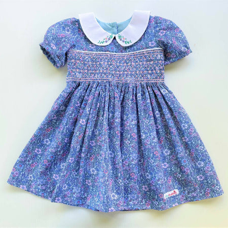 Mauve Smocked Girl's Dress with Hand Embroidered Collar