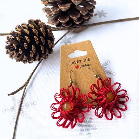 Boho Flower Earrings Handmade with Natural Fibres and Gemstone Beads
