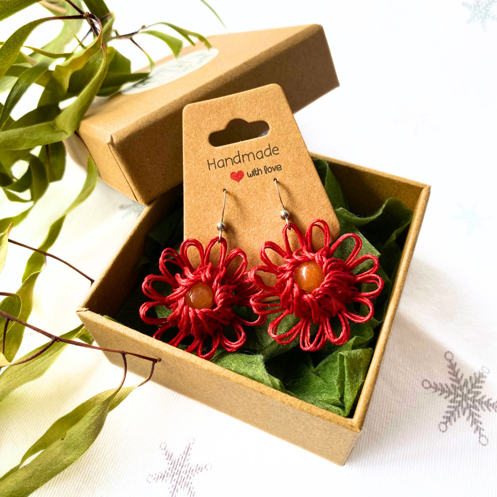 Boho Flower Earrings Handmade with Natural Fibres and Gemstone Beads