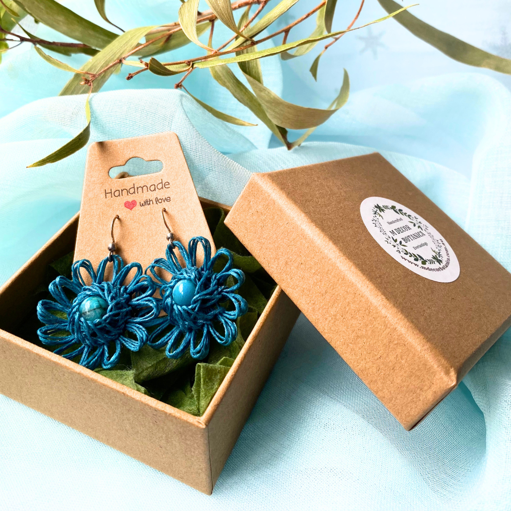 Handmade Vintage Boho Flower Earrings with Gemstone Beads - Teal