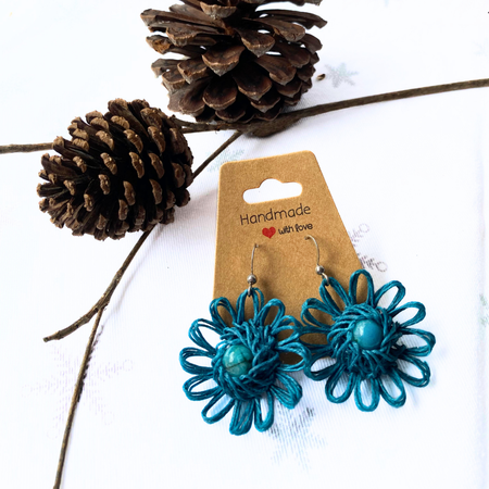 Handmade Vintage Boho Flower Earrings with Gemstone Beads - Teal