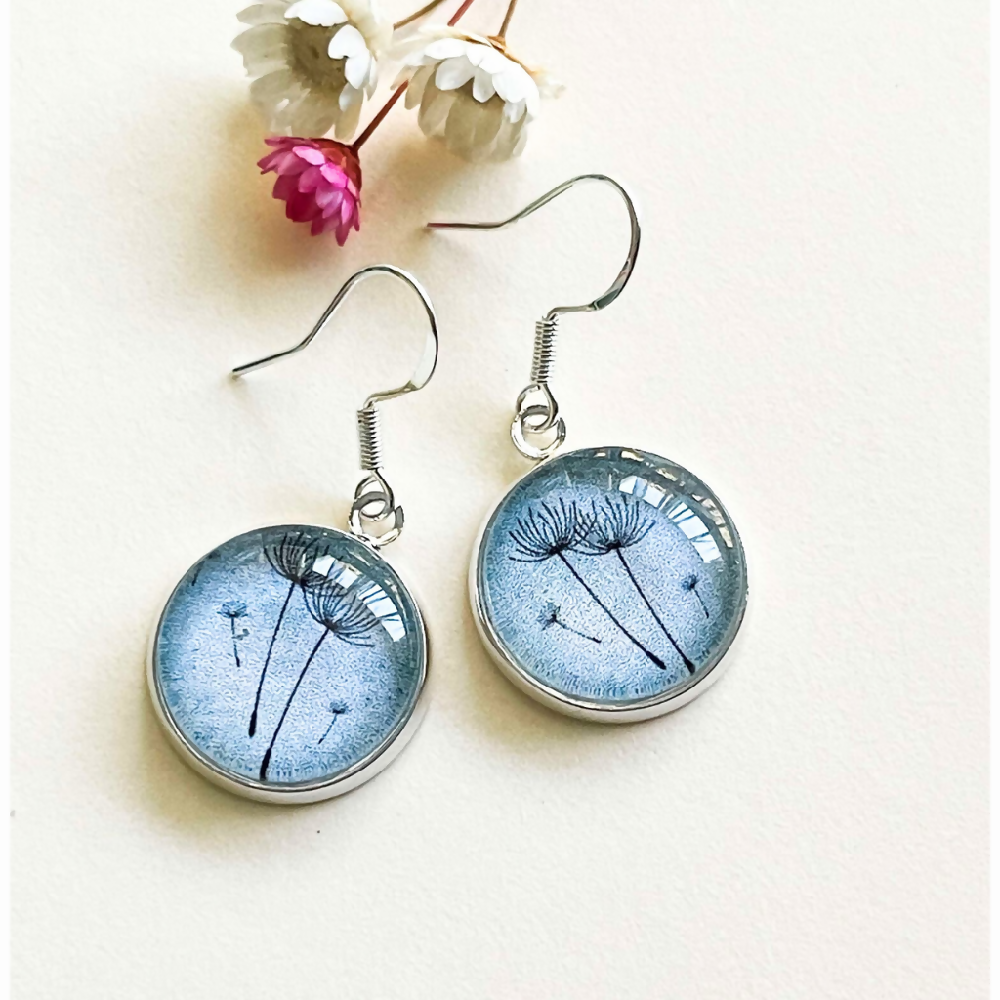 Blue Dandelion Flower Earrings