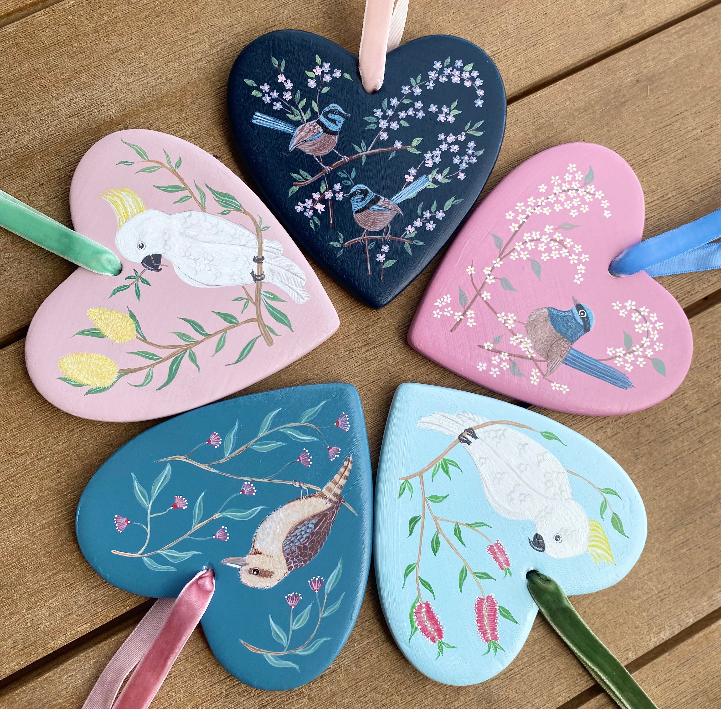 Hand-Painted Ceramic Heart Decoration - Fairywren Pair