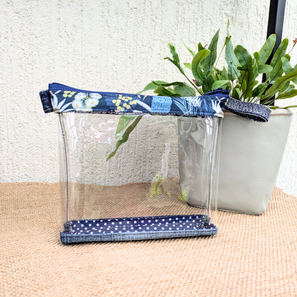Clear Travel Pouch Organiser Upcycled Denim Flannel Flowers