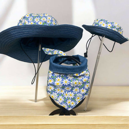 Denim Blue Daisy Range- Ladies wide brimmed hats, ladies bucket hats, dog bucket hats and bandanas