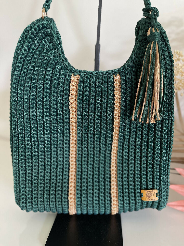 Crochet Stripe Bag, Lightweight Shoulder Strap, Tassel, Navy-White-Red or Green-Gold