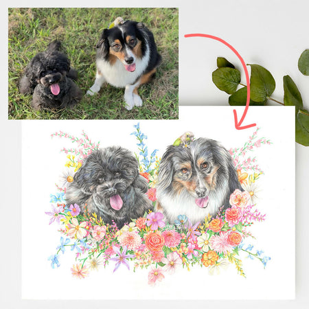 Custom Pet Portrait with Flowers - Original Pencil Artwork