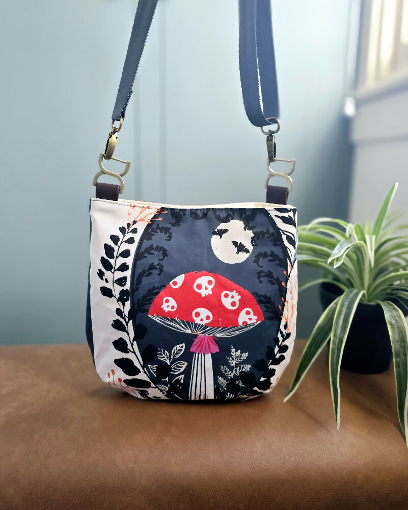 Mushroom crossbody bag. Whimsical. Waxed canvas bag.