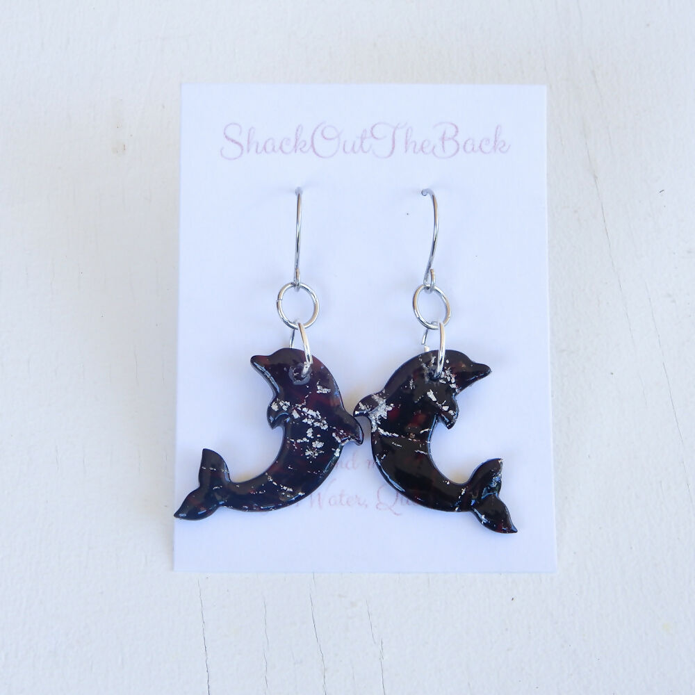 Black & Silver Polymer Clay Earrings "Silver Fire" Dolphins