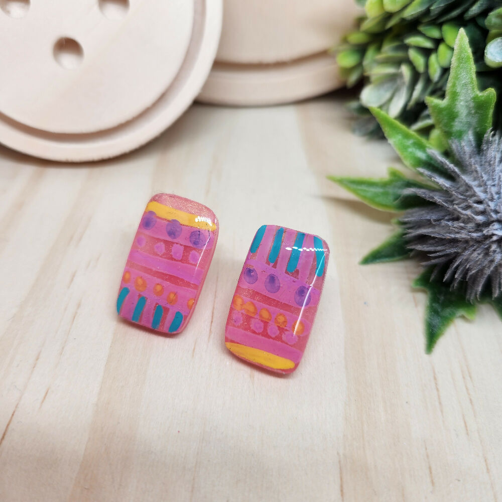 Stud Earrings Handpainted Rectangle Pink Stripes and Spots Resin