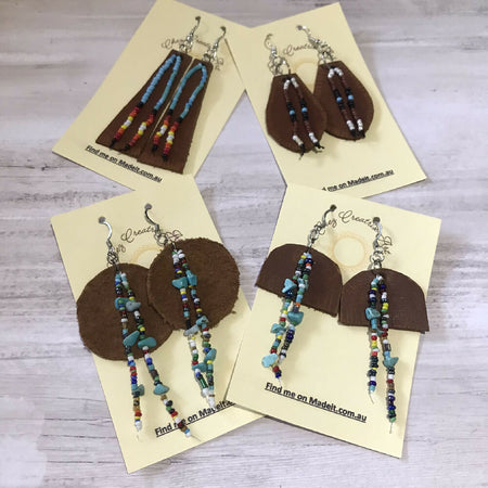 Earrings - Tan Leather Shapes with 2 Bead Strands