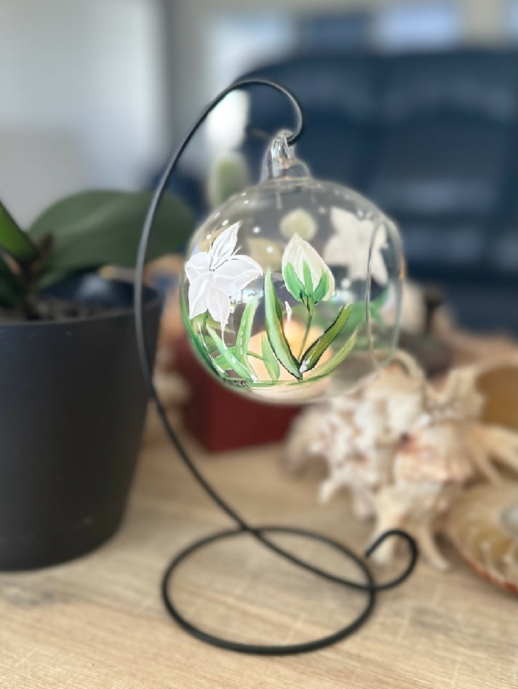 Glass Hanging Candle Holder Painted With Lilies