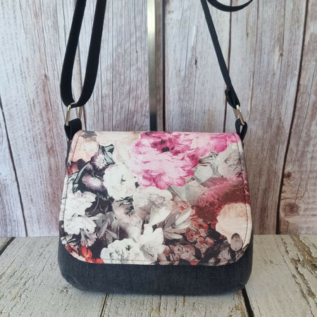 Upcycled small messenger bag - Pink & Grey floral