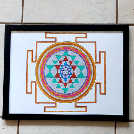 A Meditation Art - Shri Yantra - 43cm x 33cm - Hand drawn with traditional colours