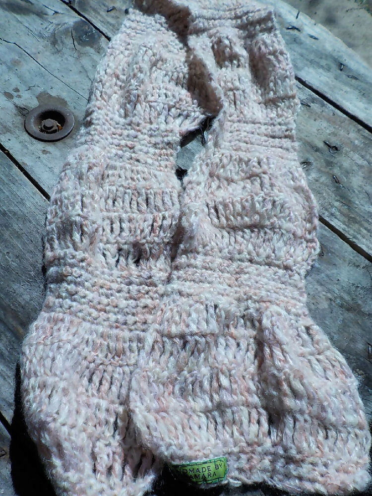 crocheted scarf in pale pinks mohair blend yarn