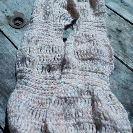 crocheted scarf in pale pinks mohair blend yarn