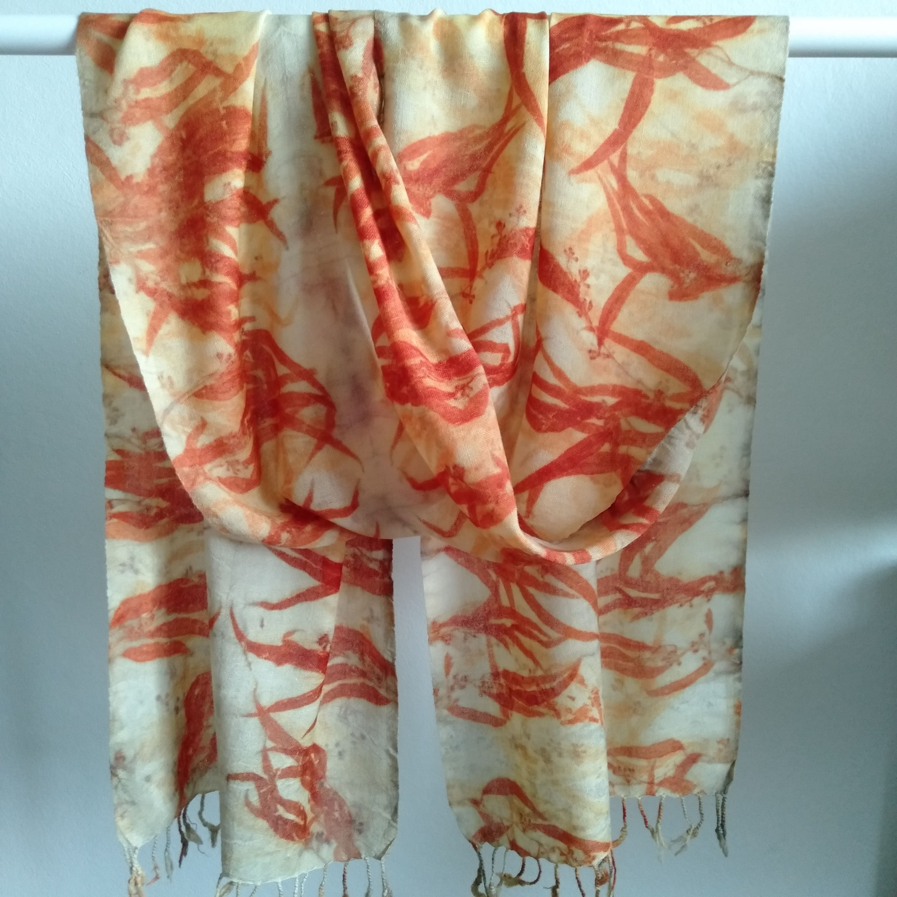 SOLD Pure merino wool scarf ecoprinted eucalyptus leaves