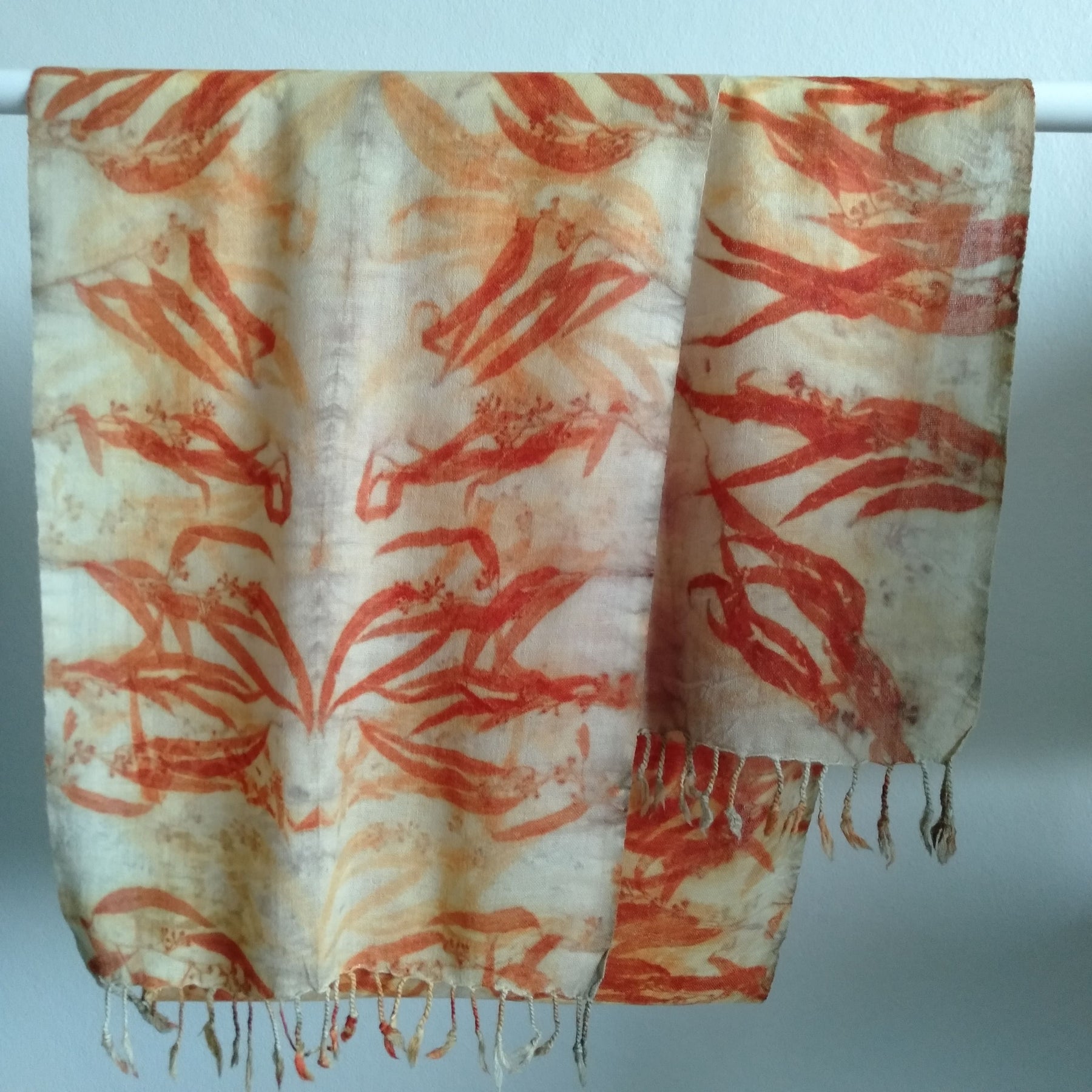 Pure merino wool scarf ecoprinted eucalyptus leaves