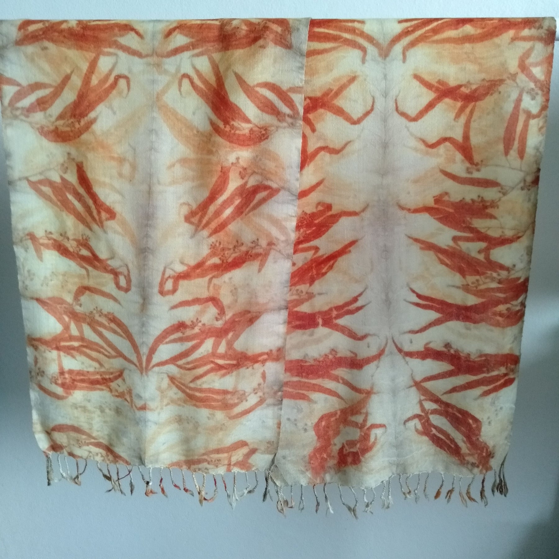 Pure merino wool scarf ecoprinted eucalyptus leaves