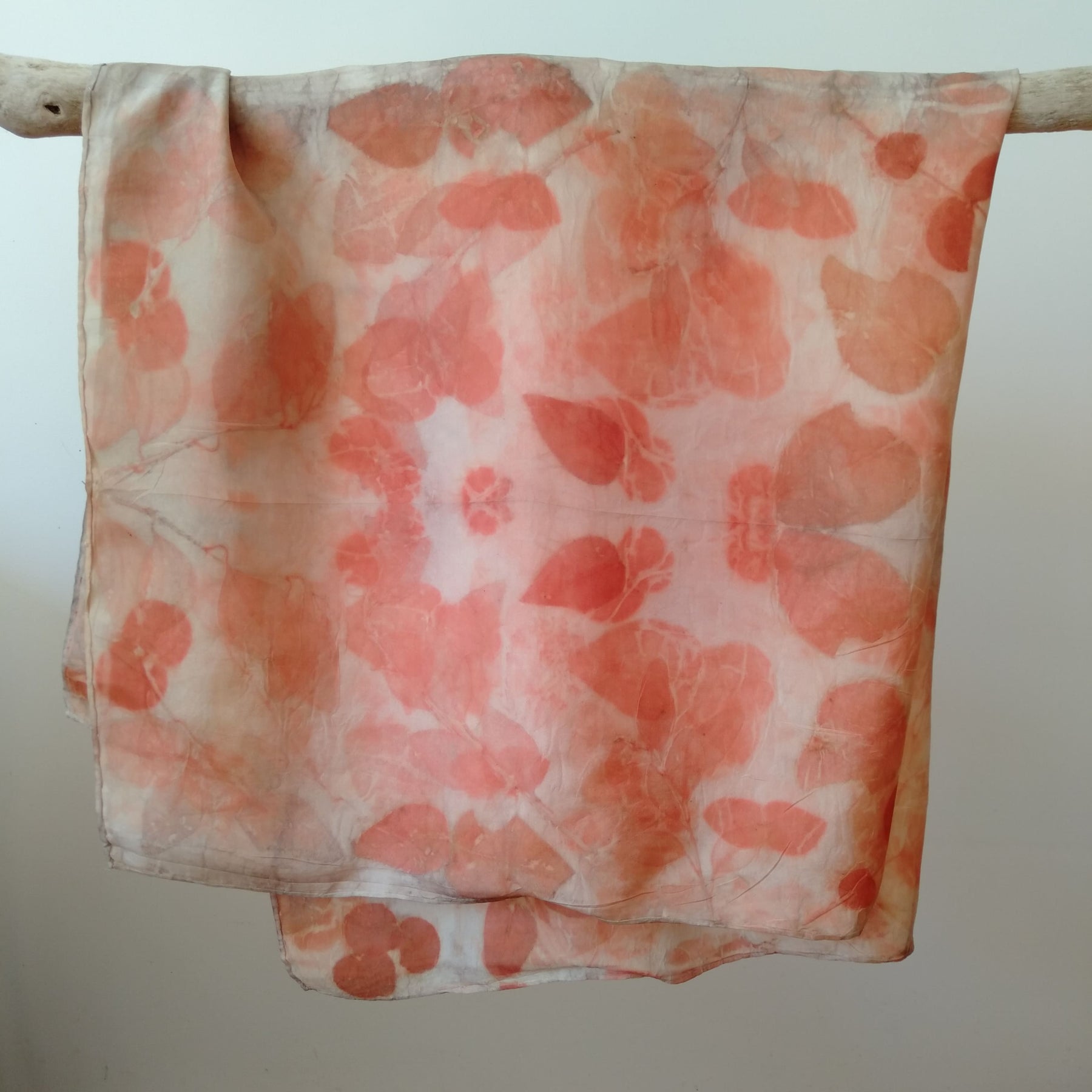 Silk square scarf ecoprinted with eucalyptus