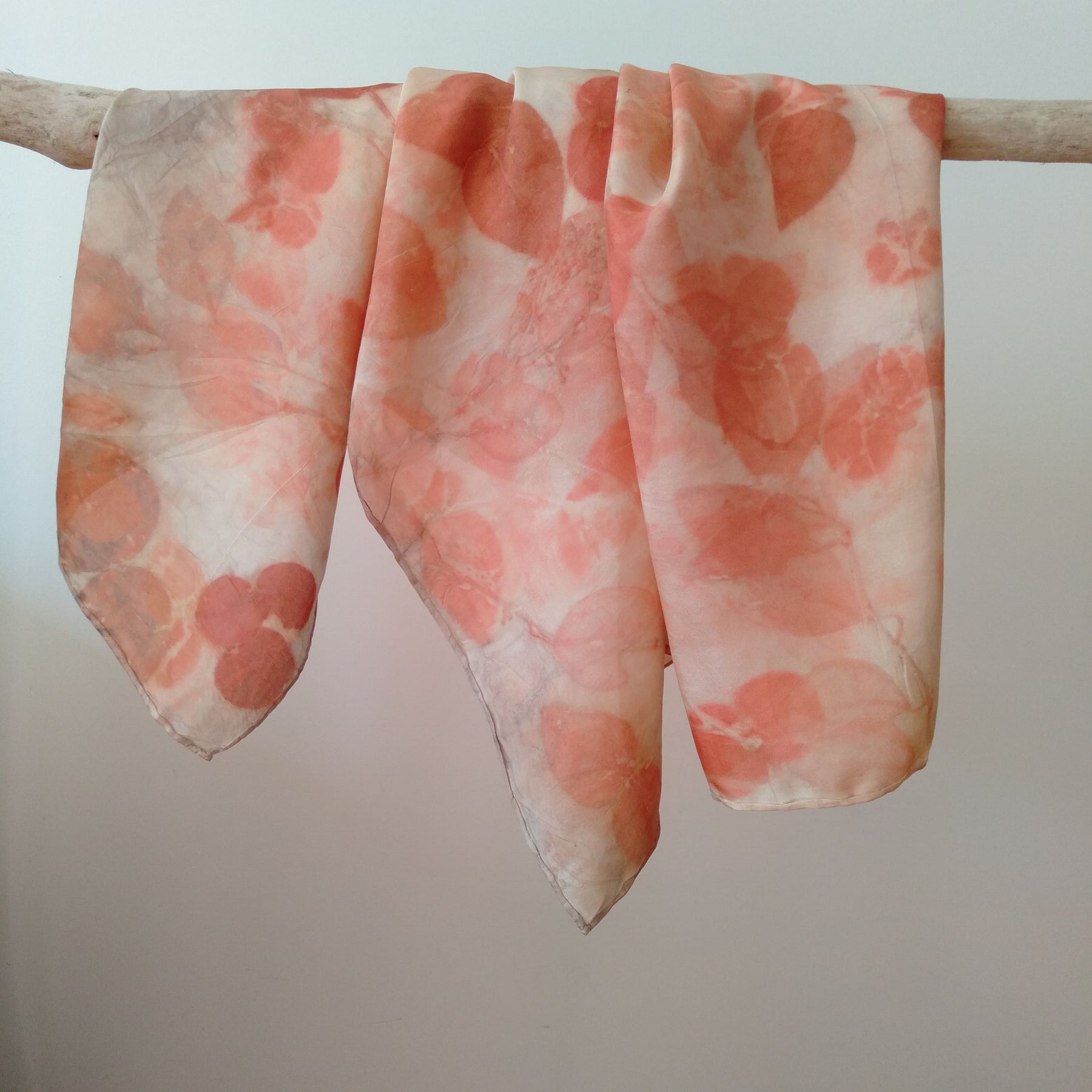 Silk square scarf ecoprinted with eucalyptus