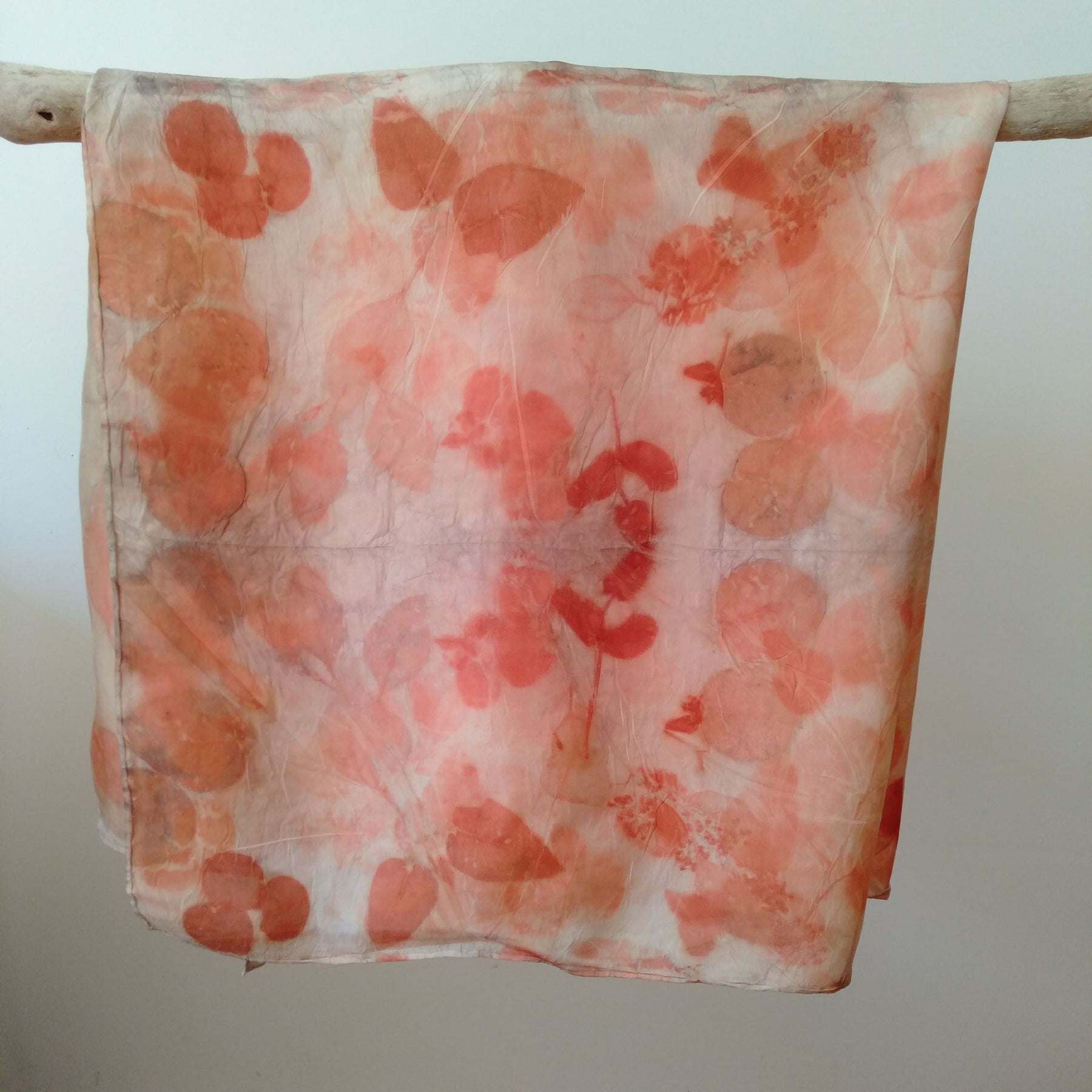 Silk square scarf ecoprinted with eucalyptus