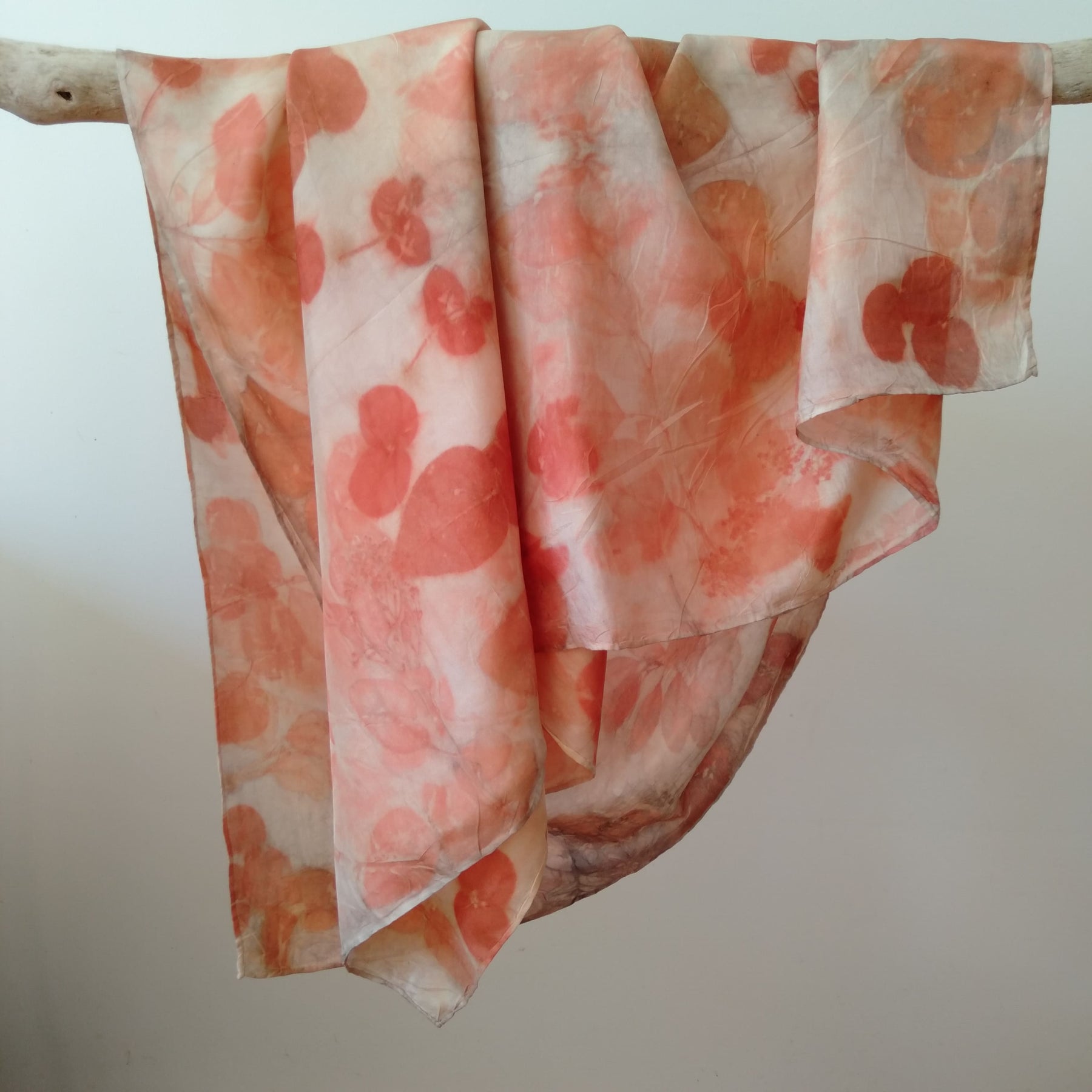 Silk square scarf ecoprinted with eucalyptus