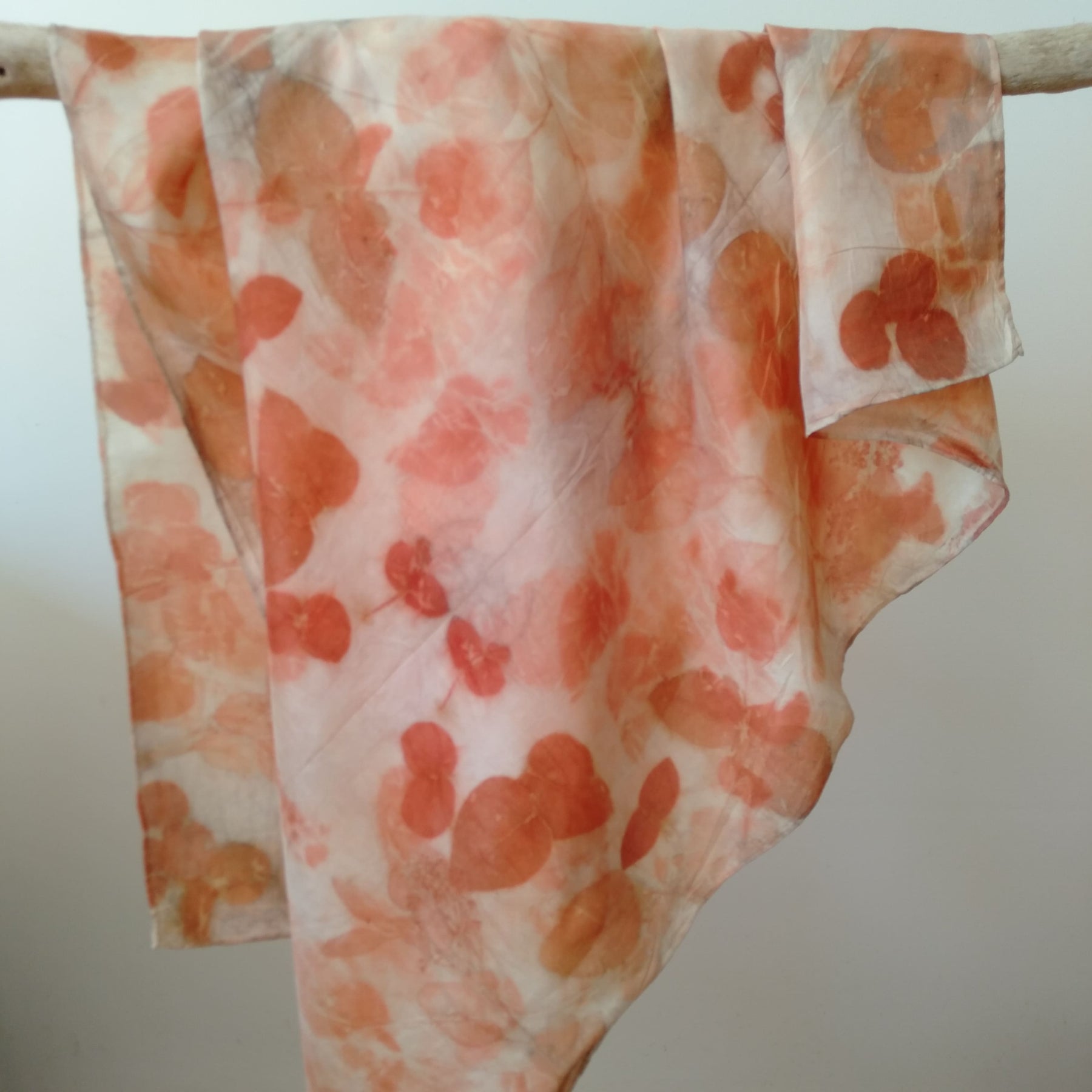 Silk square scarf ecoprinted with eucalyptus