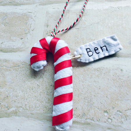 Personalised felt candy cane christmas tree ornament