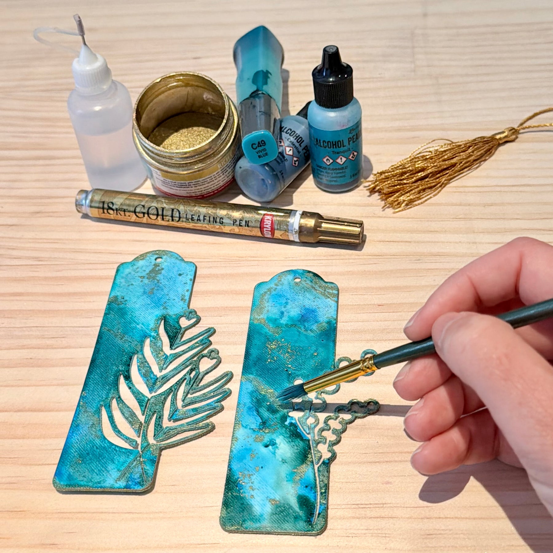 Hand-Painted Floral Bookmarks – Green, Blue & Gold Alcohol Ink Art