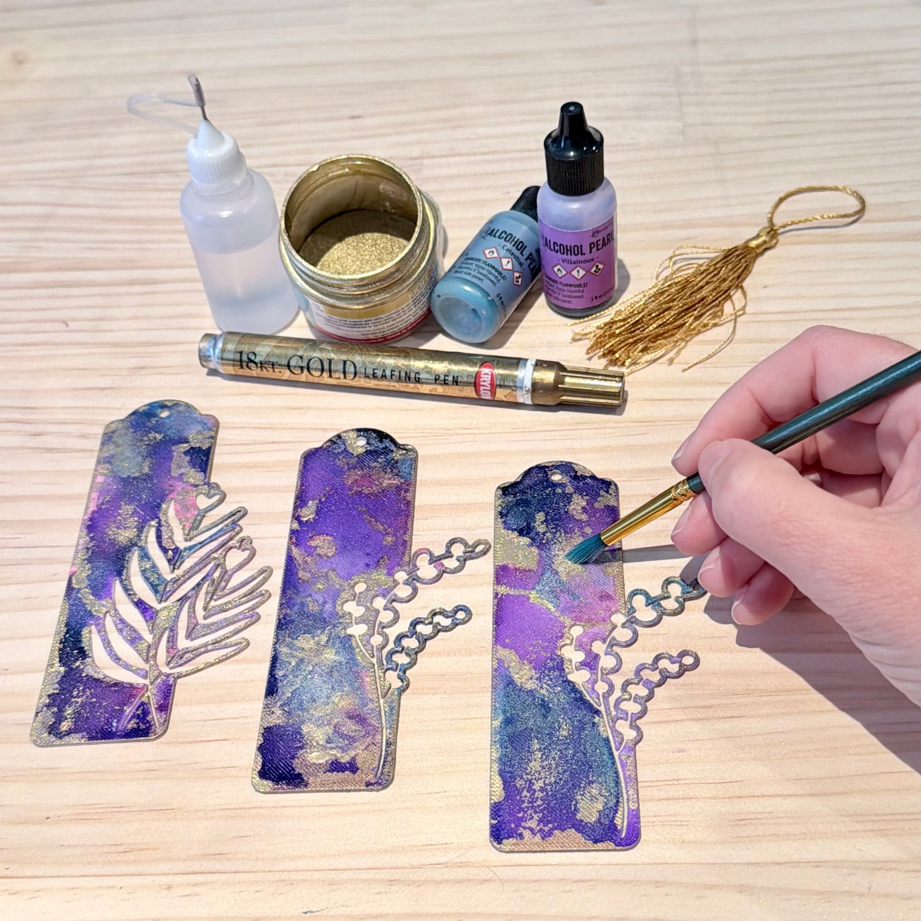 Hand-Painted Floral Bookmarks – Purple, Navy Blue & Gold Alcohol Ink Art