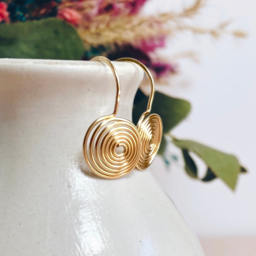 Spiral disc drop earrings | Sterling silver, gold-filled, rose-gold-filled, copper | Celtic-inspired jewellery