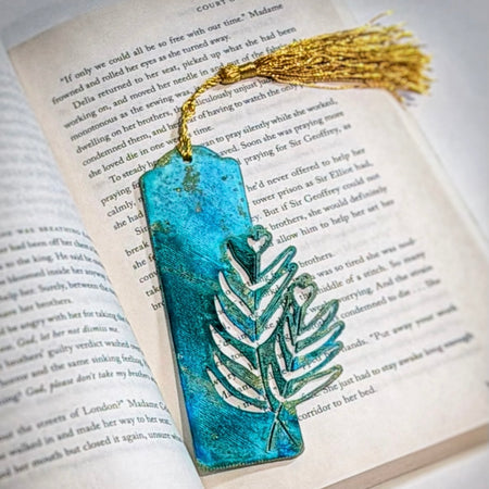 Hand-Painted Floral Bookmarks – Green, Blue & Gold Alcohol Ink Art
