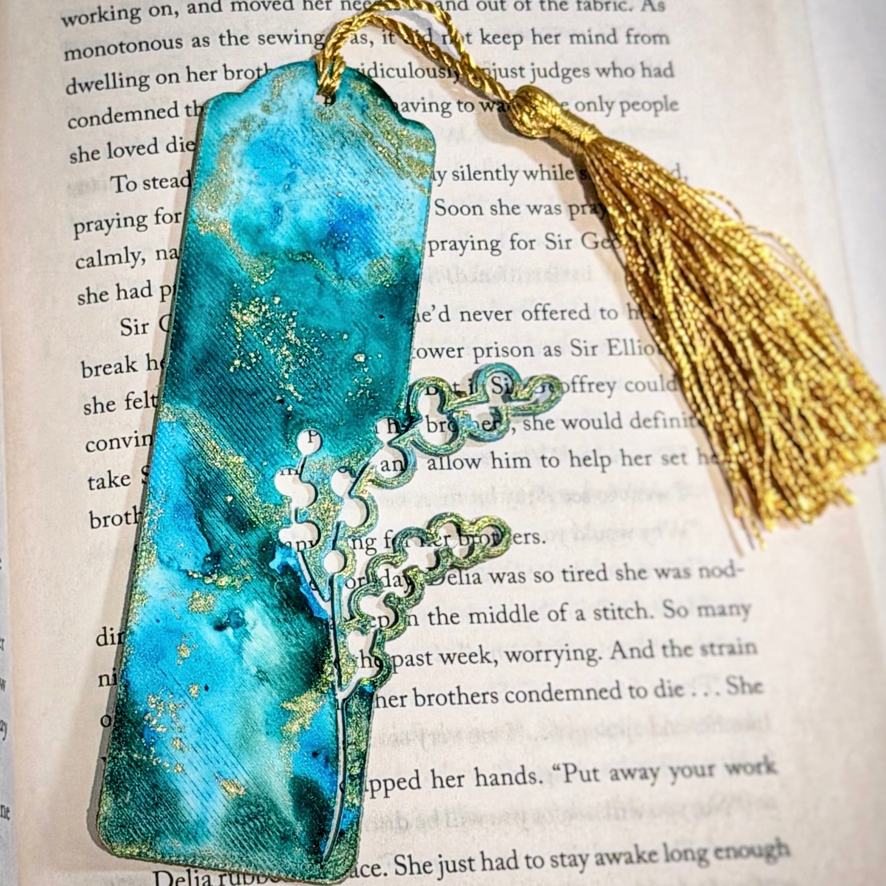 Hand-Painted Floral Bookmarks – Green, Blue & Gold Alcohol Ink Art