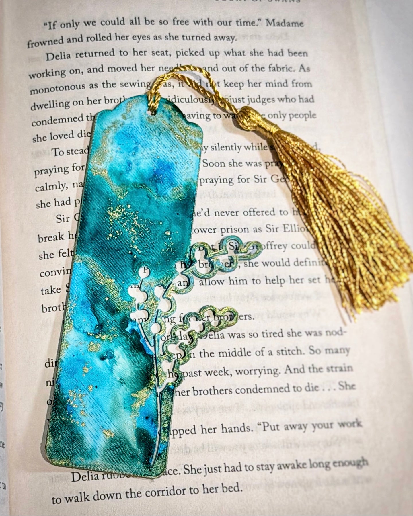 Hand-Painted Floral Bookmarks – Green, Blue & Gold Alcohol Ink Art
