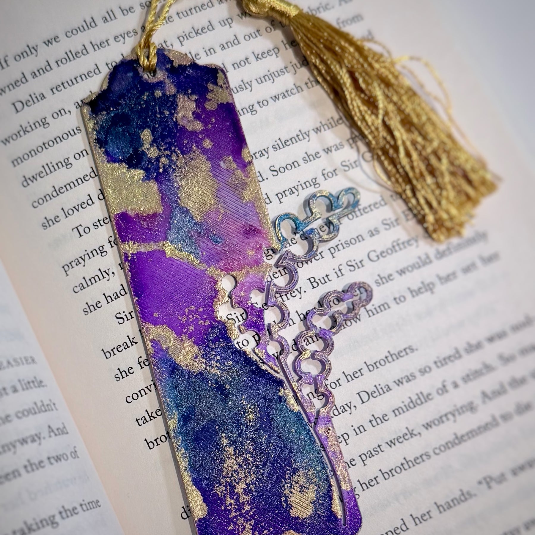 Hand-Painted Floral Bookmarks – Purple, Navy Blue & Gold Alcohol Ink Art