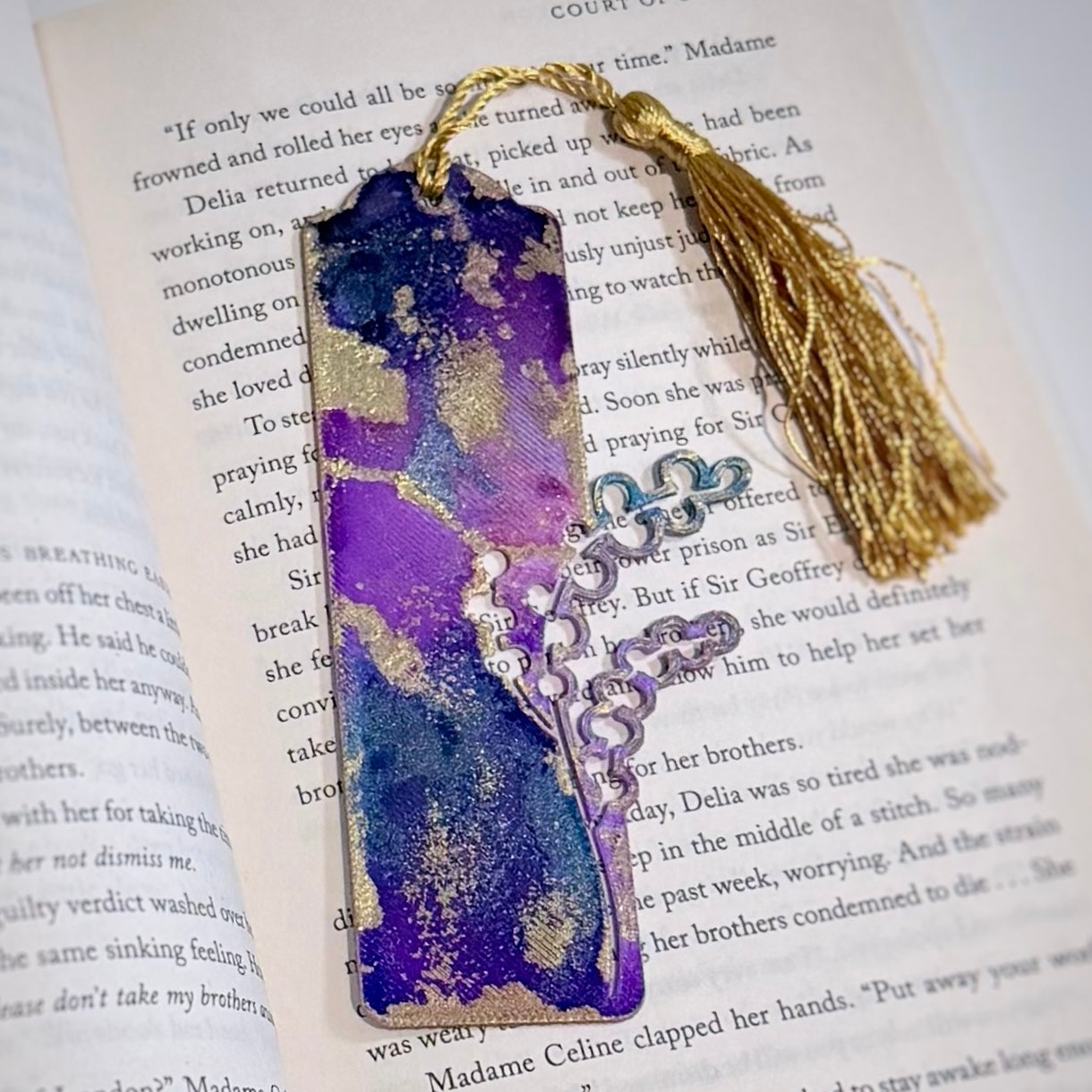 Hand-Painted Floral Bookmarks – Purple, Navy Blue & Gold Alcohol Ink Art