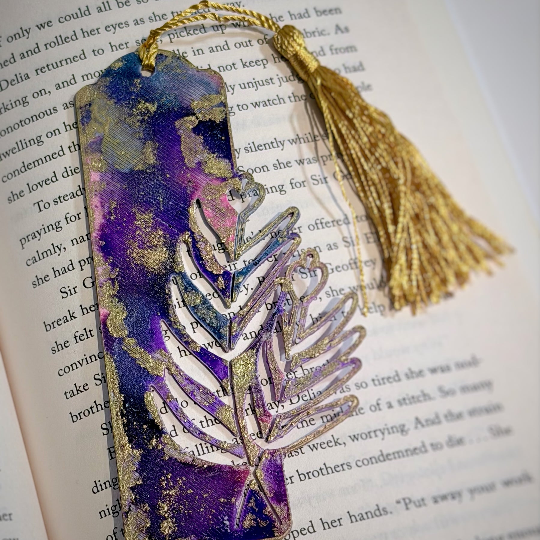 Hand-Painted Floral Bookmarks – Purple, Navy Blue & Gold Alcohol Ink Art