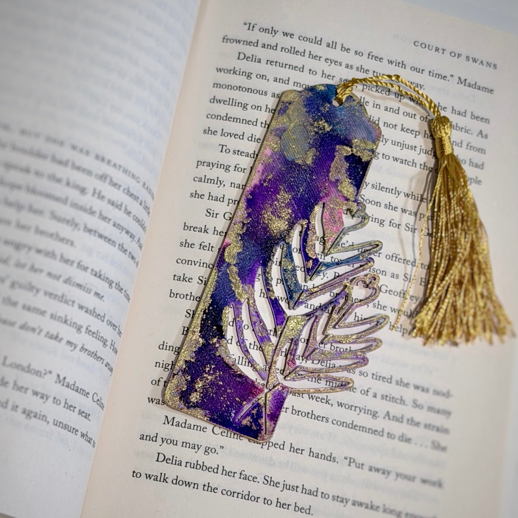 Hand-Painted Floral Bookmarks – Purple, Navy Blue & Gold Alcohol Ink Art