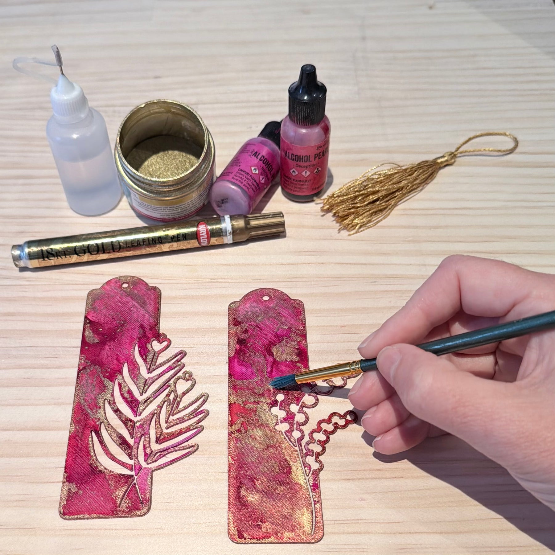 Hand-Painted Floral Bookmarks – Red, Pink & Gold Alcohol Ink Art
