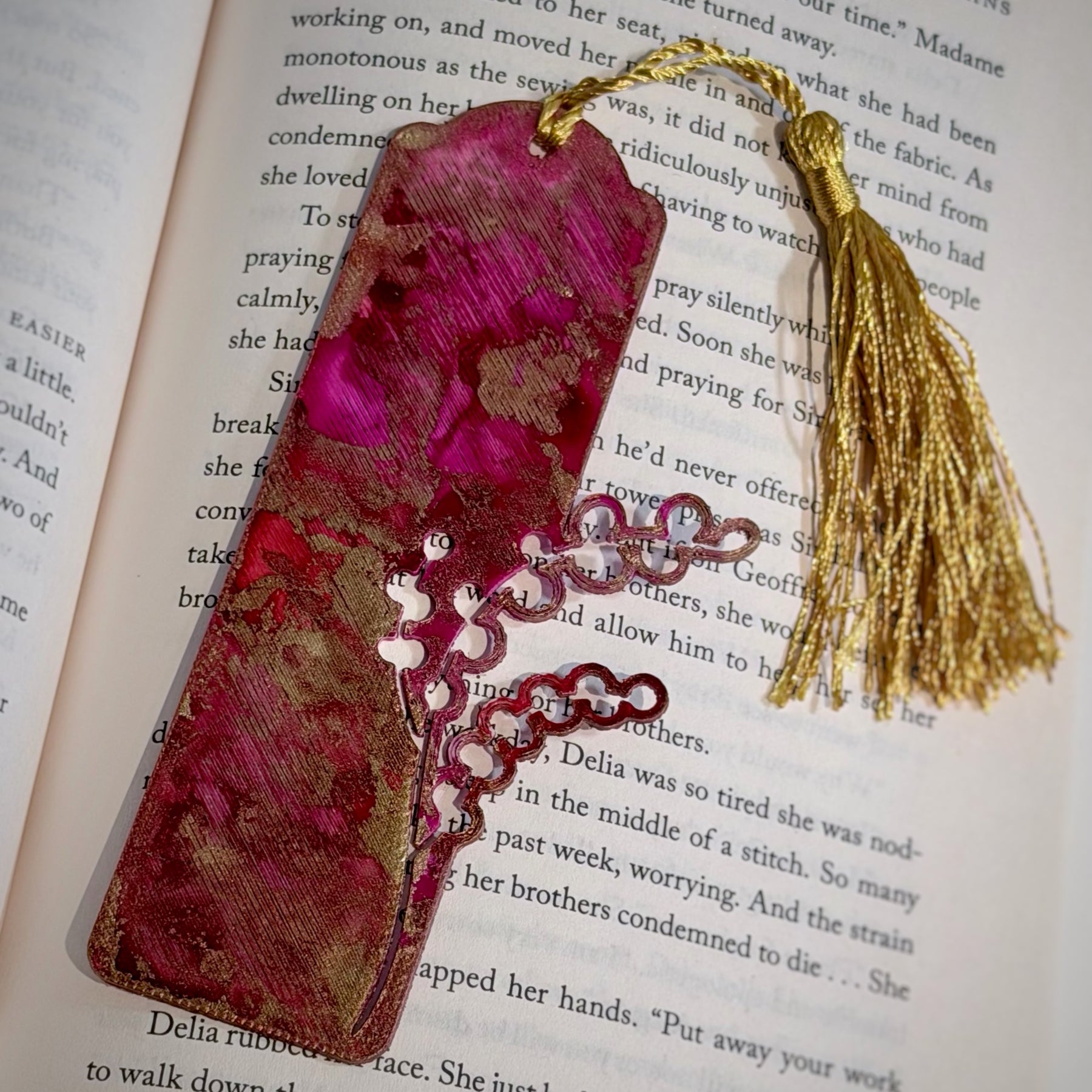 Hand-Painted Floral Bookmarks – Red, Pink & Gold Alcohol Ink Art