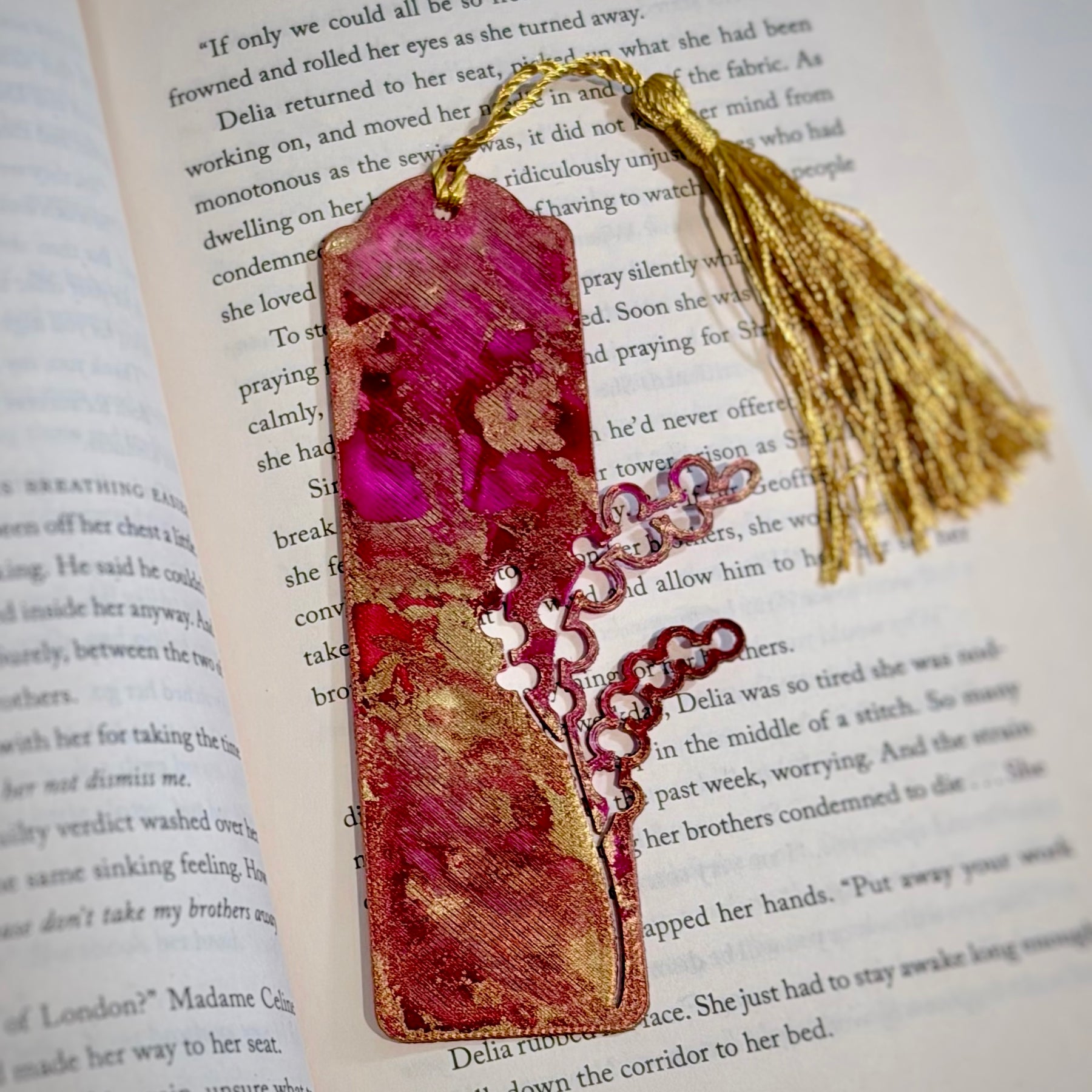 Hand-Painted Floral Bookmarks – Red, Pink & Gold Alcohol Ink Art
