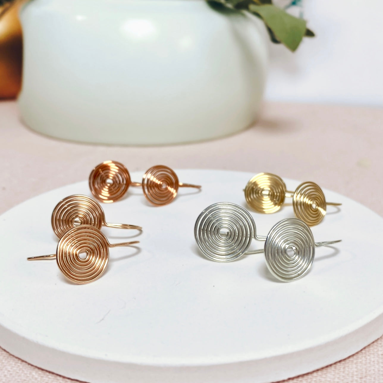 Spiral disc drop earrings | Sterling silver, gold-filled, rose-gold-filled, copper | Celtic-inspired jewellery