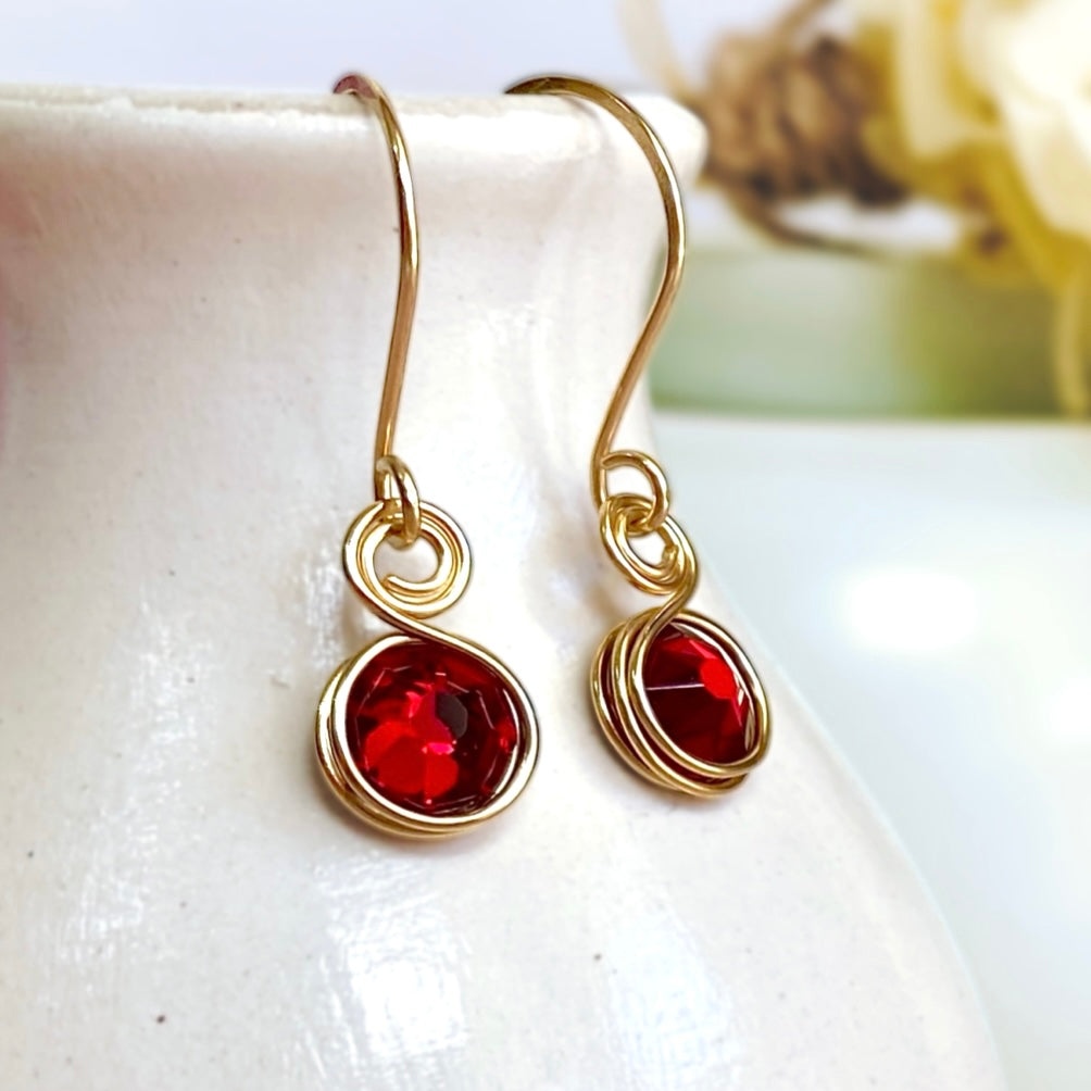 Ruby red crystal 14k gold-filled dangle earrings | July birthstone gift | Christmas jewellery