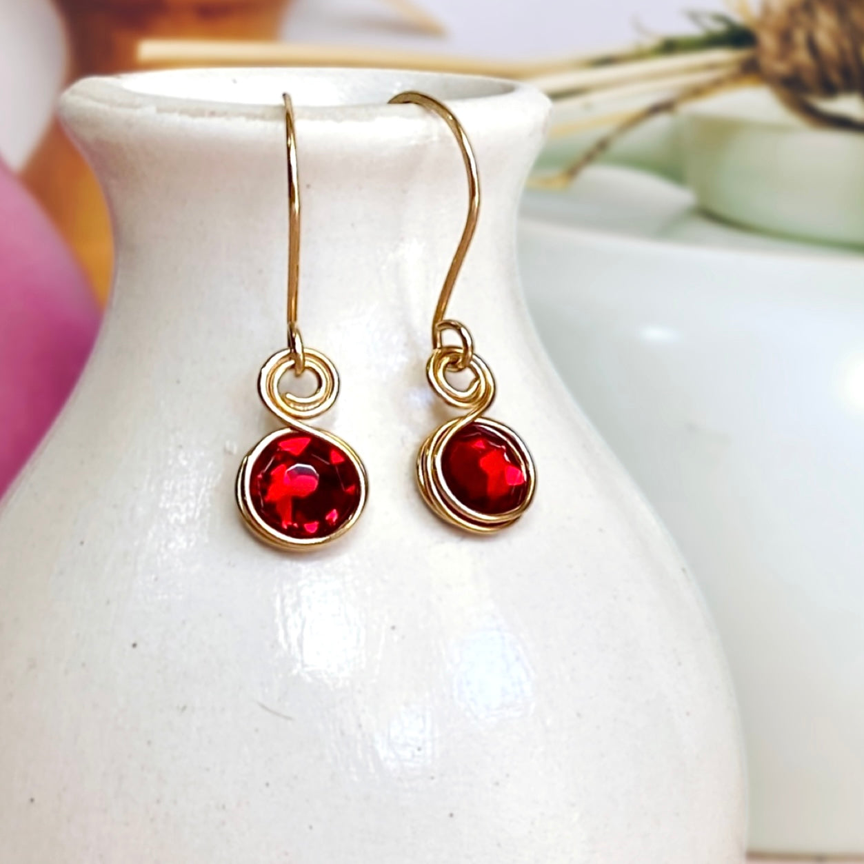 Ruby red crystal 14k gold-filled dangle earrings | July birthstone gift | Christmas jewellery