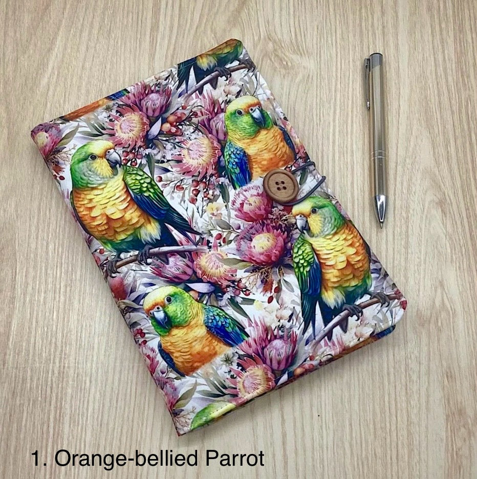 Australian birds parrots refillable A5 fabric notebook cover gift set - Incl. book and pen.