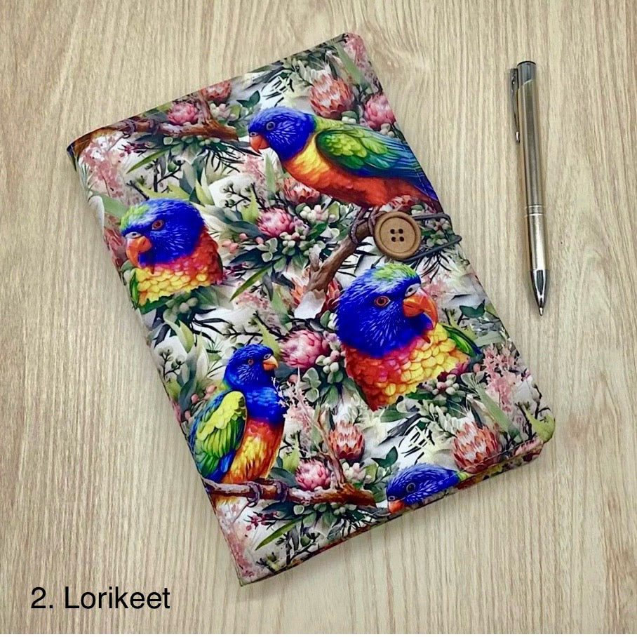 Australian birds parrots refillable A5 fabric notebook cover gift set - Incl. book and pen.