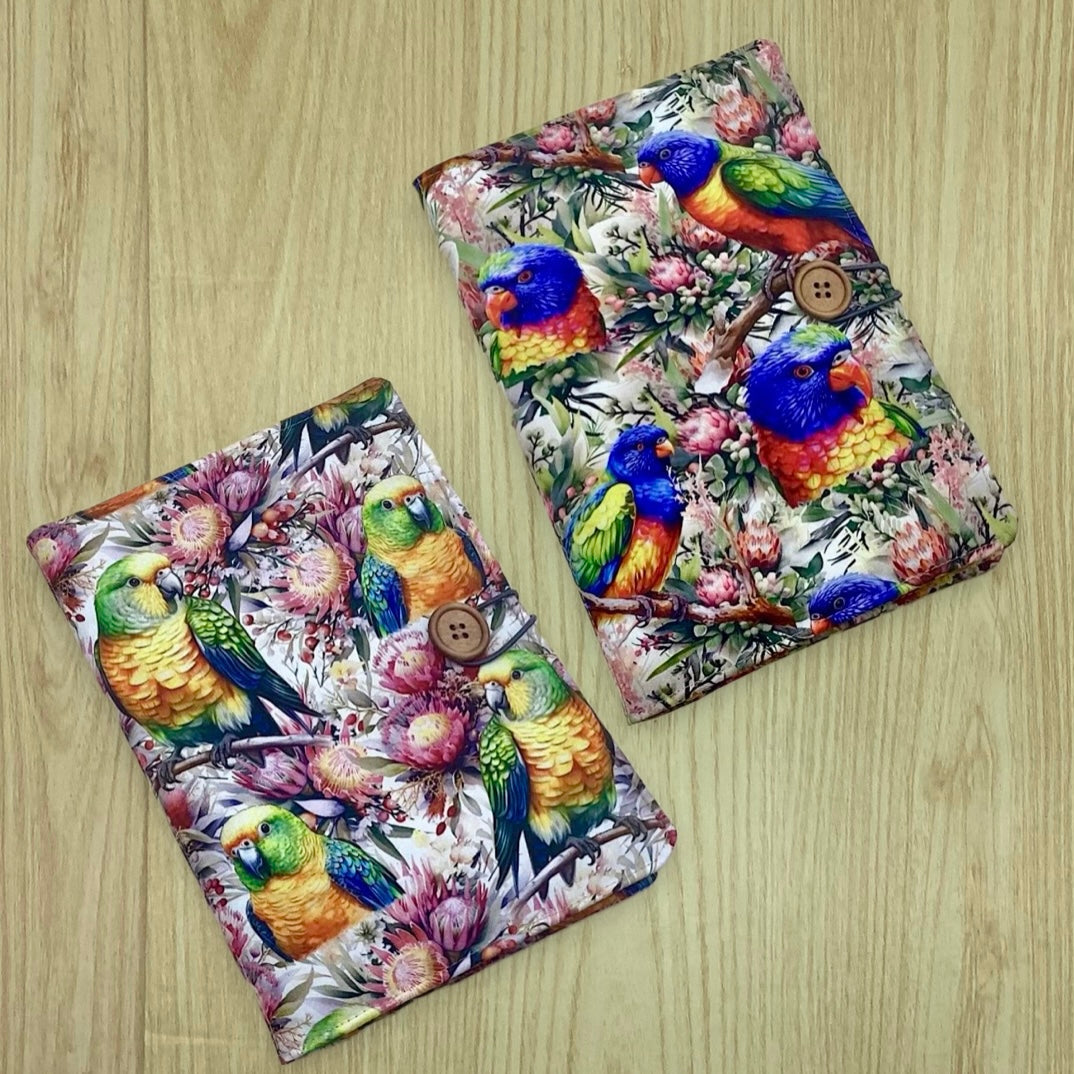 Australian birds parrots refillable A5 fabric notebook cover gift set - Incl. book and pen.