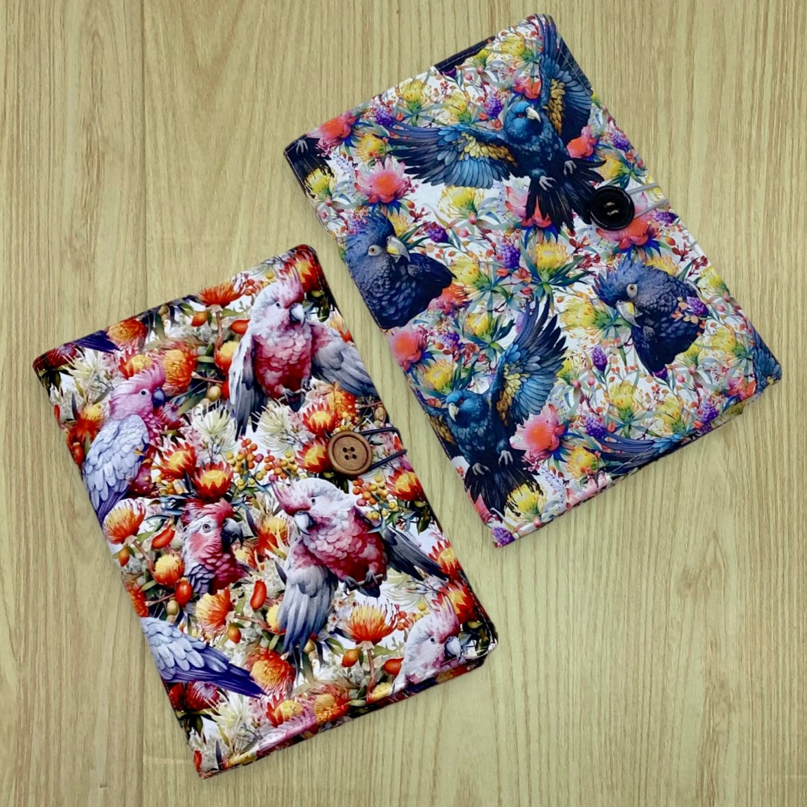 Galahs, Black Cockatoos refillable A5 fabric notebook cover gift set - Incl. book and pen.